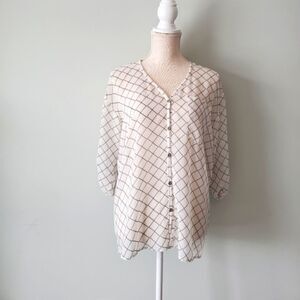 CABI WOMEN'S BLOUSE SHEER BLACK AND WHITE V NECK CUFFED SLEEVE SIZE XS